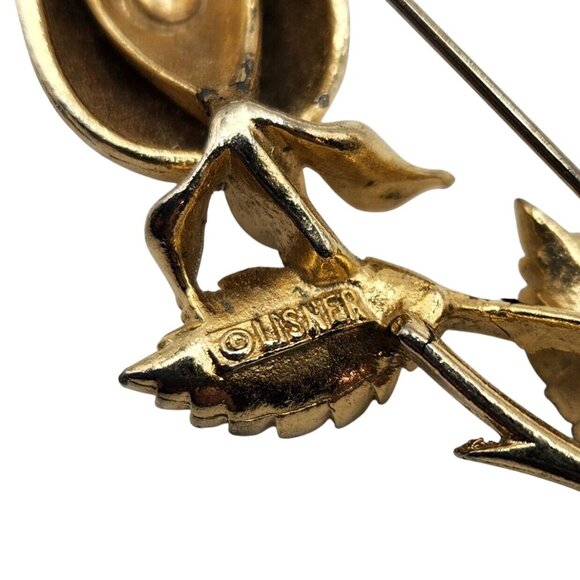 Vintage Lisner Rose Brooch 1950s Gold Tone Flower Pin Signed Floral Jewelry - Picture 5 of 5